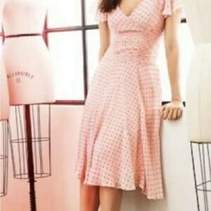 Eva Mendes Pink and White V-Neck Flutter Sleeve Midi Dress
